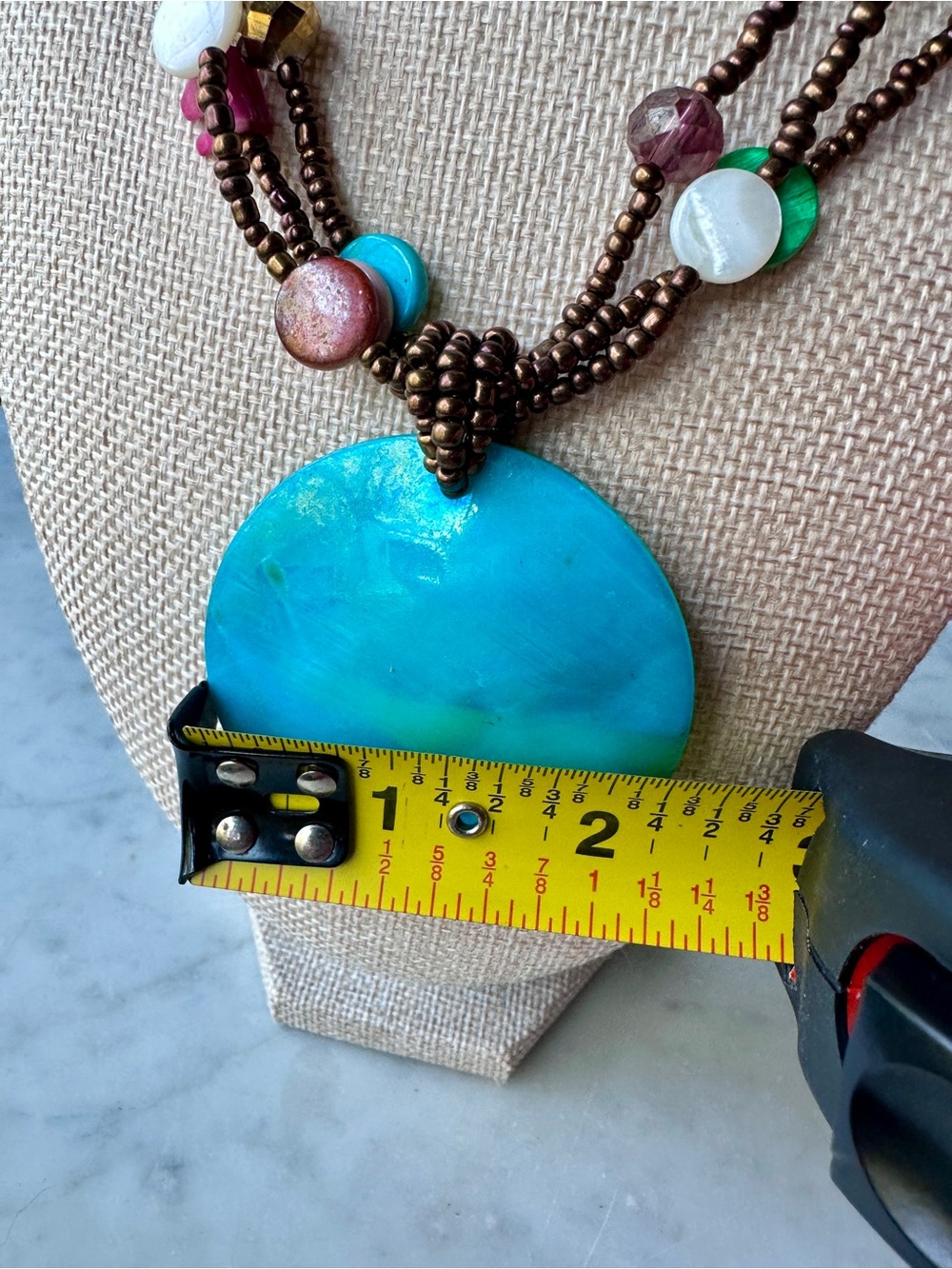 Turquoise Shell Pendant Multi-Strand Copper & Shell Beaded Necklace - Picture 2 of 6
